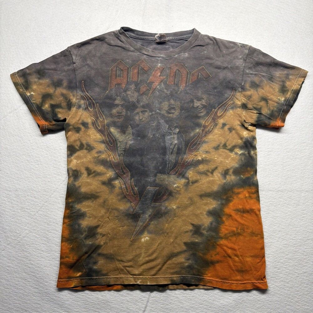 Vintage Y2K AC/DC Tie-Dye Flames Faded Distressed Band Tee T-Shirt Men’s Small